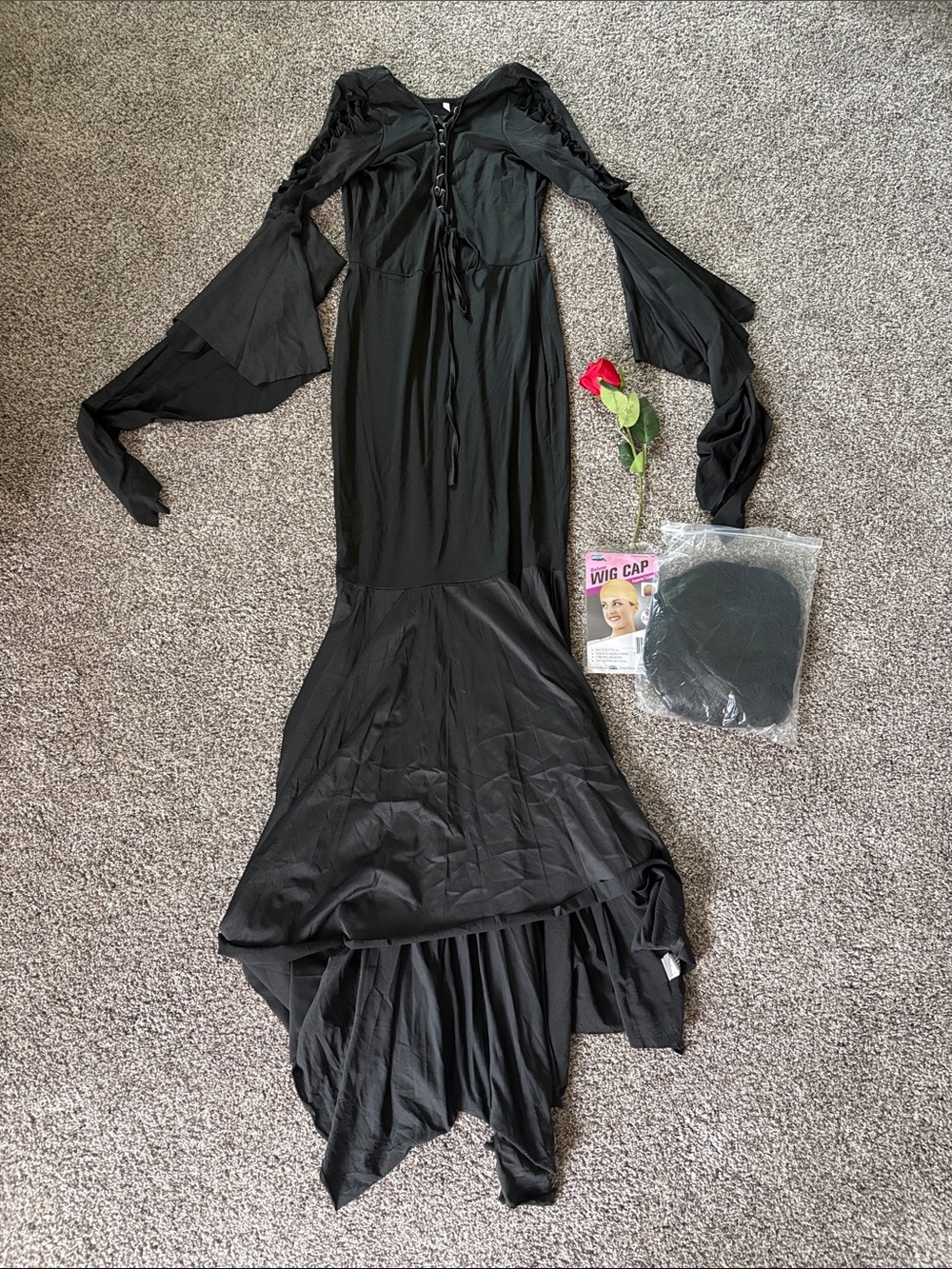 Black Women's Gothic Dress with Bell Sleeves- Morticia Addams (comes with wig)